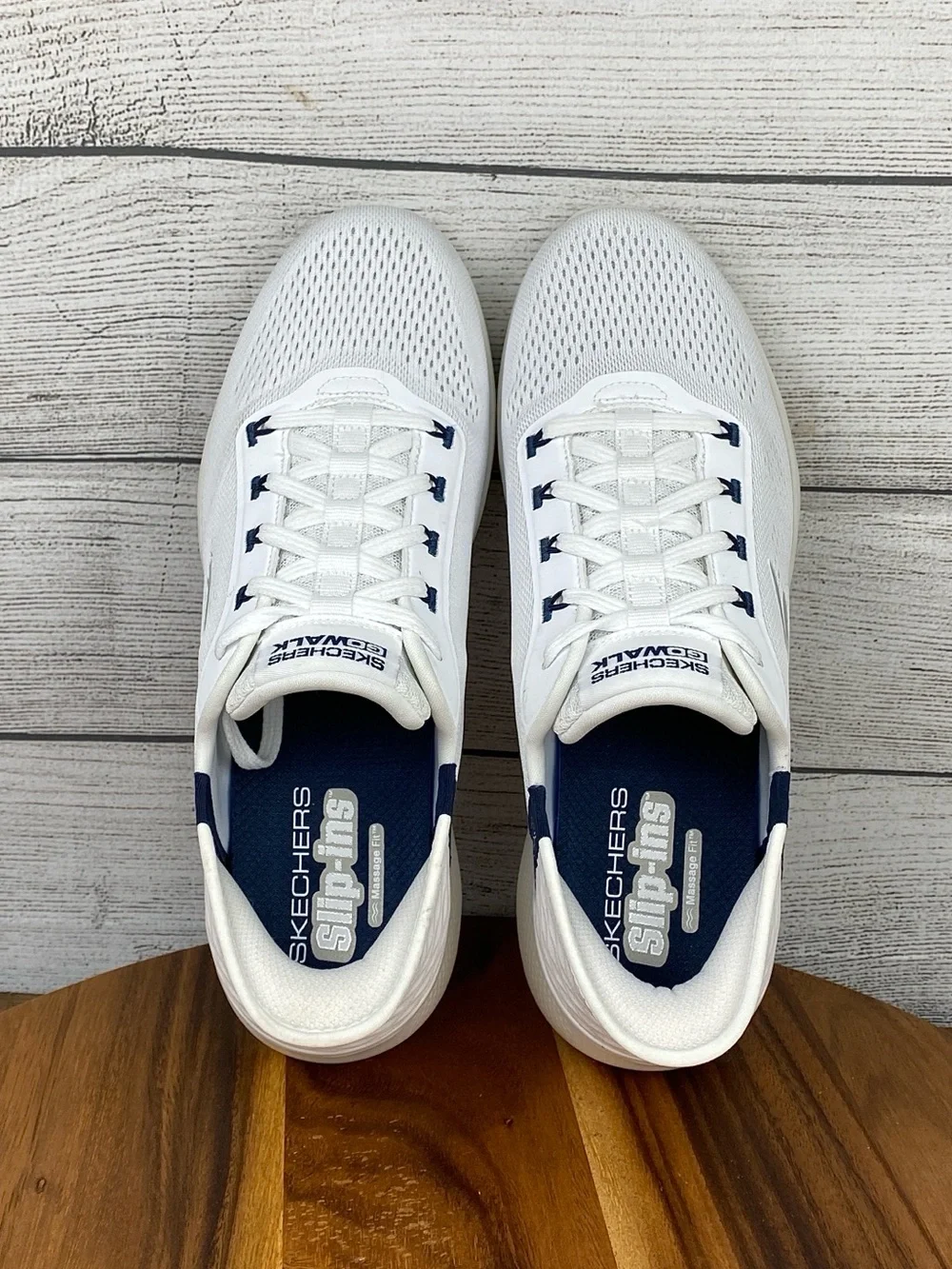 Skechers Slip Ins Go Walk Massage Fit White Navy Comfort Shoes Men’s Size 8.5